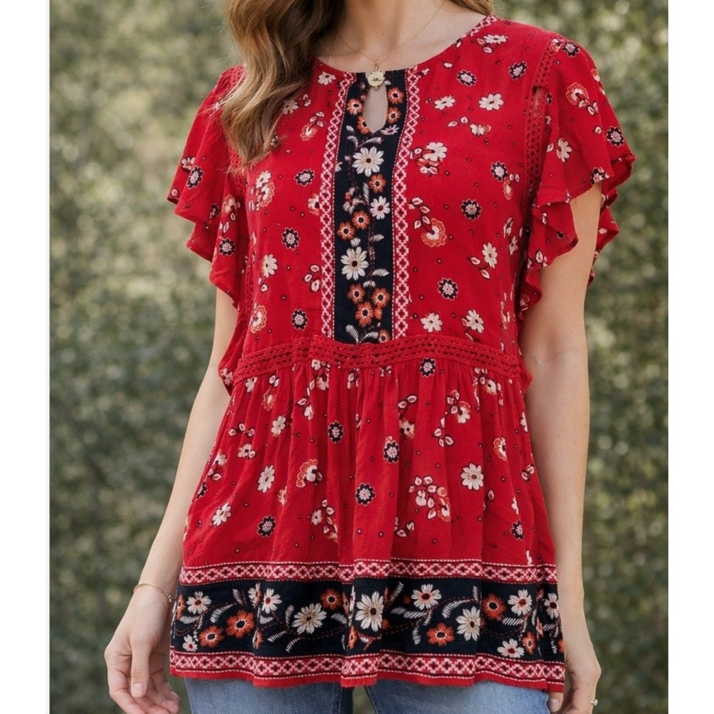 J Jill Womens XL Red Floral Boho Peplum Blouse Flutter Sleeve Rayon Lace Beach